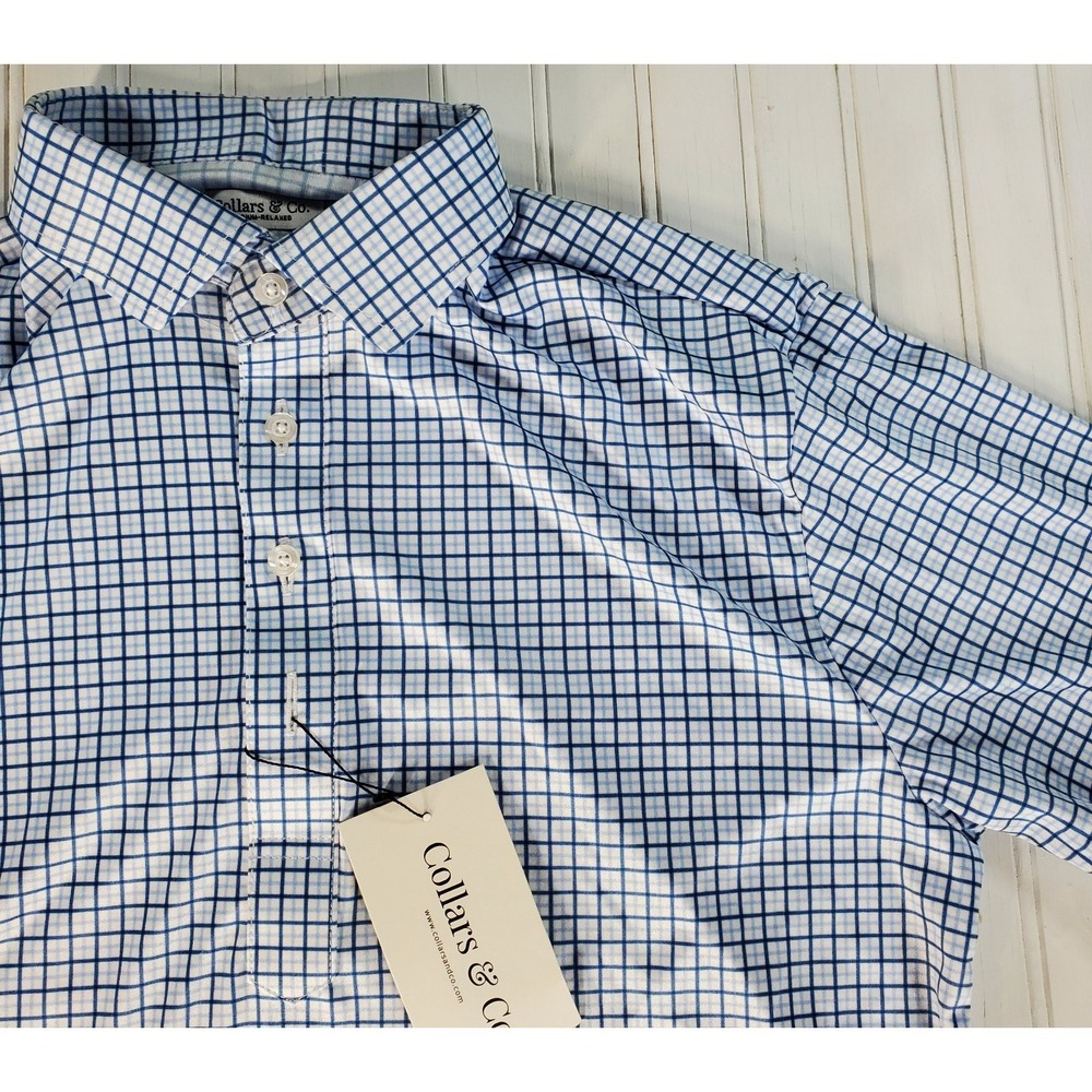 Collars and Co Dress Collar Polo White Blue Boxes Lined Size M Medium Relax NWT
